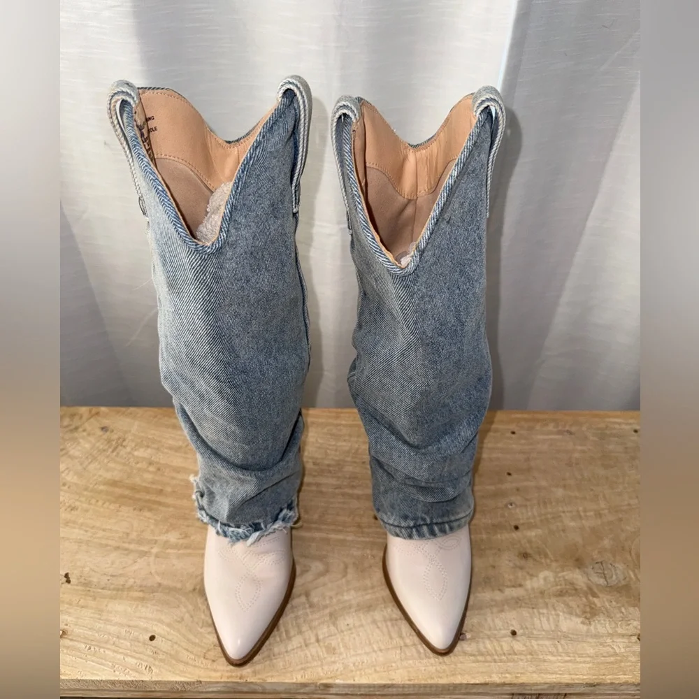 Steve Madden Lassy Denim Cowboy Boot Frayed Hem Western Festival | Size 5M - Picture 7 of 16